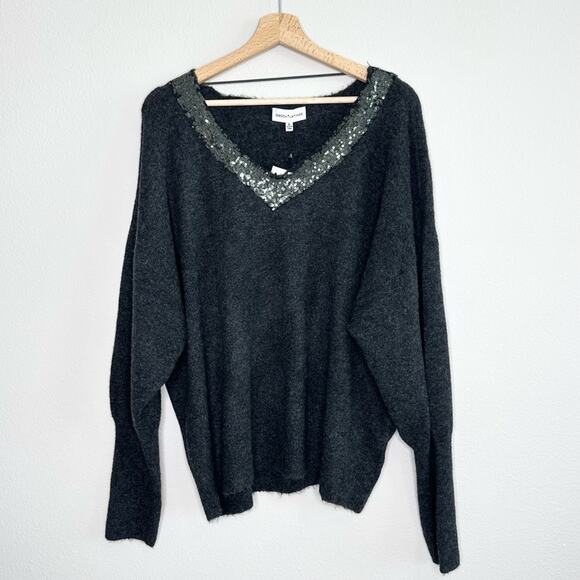 NWT Gibson Latimer Gray V-Neck Sweater Size XL Sequins Loungewear - Picture 1 of 5
